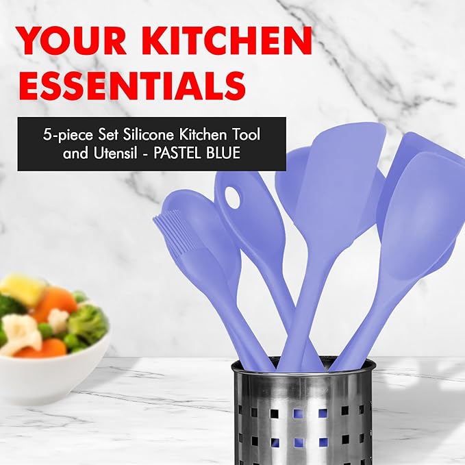 Chef Craft - Premium Silicone Kitchen Tools and Utensils Set, Non-Scratch, Withstands Temperatures up to 450°F, BPA-Free, 5 Piece Cooking Utensils Set, Pastel Blue