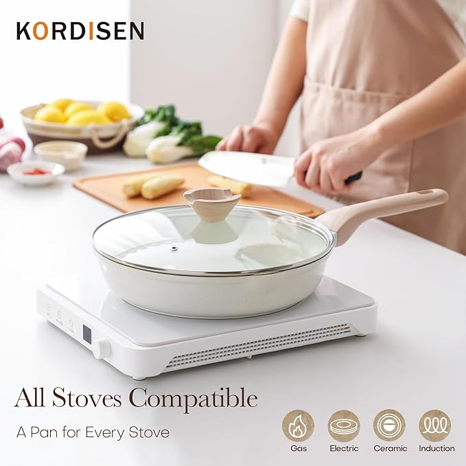 Kordisen Ceramic Nonstick Frying Pan Skillet Set with Lid, 3 Piece Ceramic Pans for Cooking Non Toxic, Healthy Induction Cookware, Stay-Cool Handle, PFOA & PFAS Free (9.5 Inch, 11 Inch, 12.5 Inch)