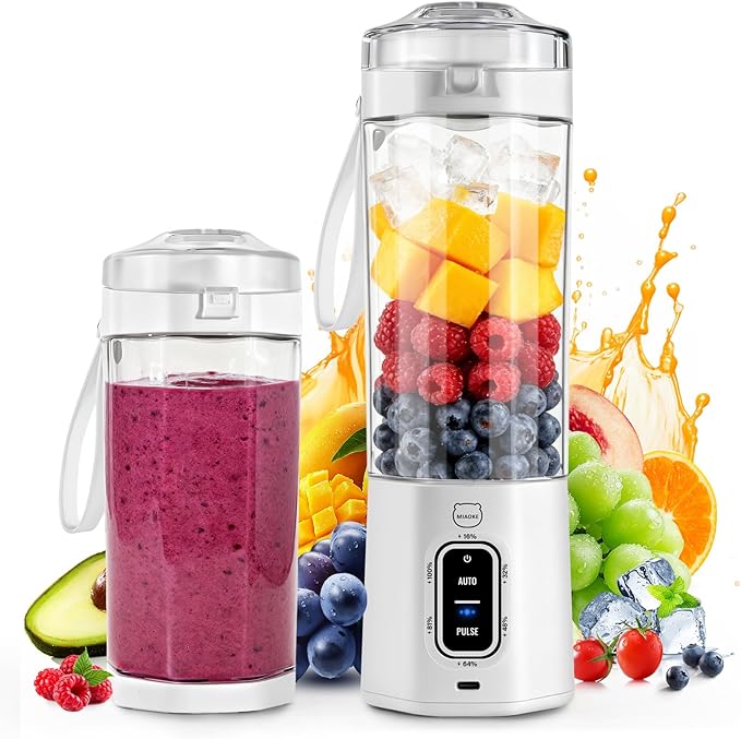 MIAOKE 2026 Upgrade 700 ML Portable Smoothie Blender, Rechargeable Personal Blende, Contains both Automatic and Pulse Functions, with Travel Cup and Lid, 6 Sharp Blades, Mixer Blender Machine Kitchen