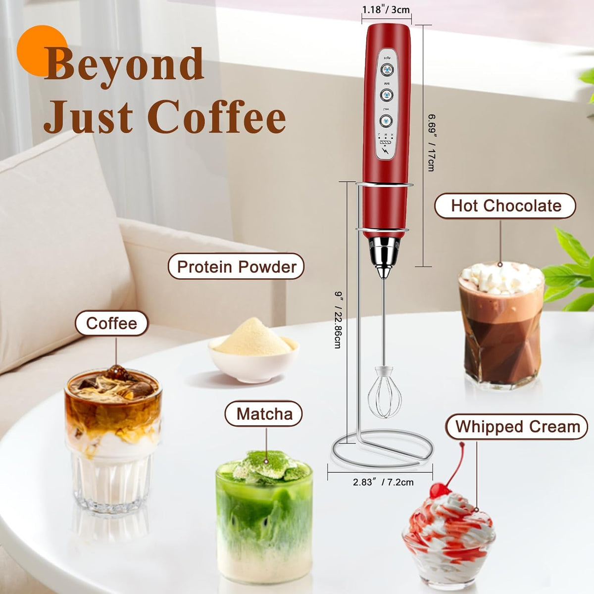 Milk Frother Handheld Rechargeable with Stand, Frother Wand Drink Mixer Electric Whisk for Coffee, Detachable With 3 Stainless Whisks, Hand Mixer for Lattes, Cappuccino, Matcha, Egg, Red