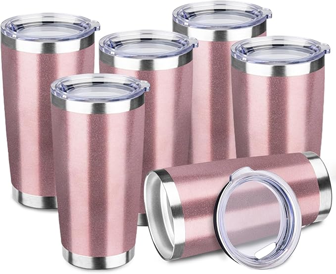 StarSpeed 20oz Tumbler Bulk with Lid, Stainless Steel Insulated Tumblers Double Wall Vacuum Insulated Travel Mug, Powder Coated Coffee Cups for Hot and Cold Drinks(Rose Gold,6)
