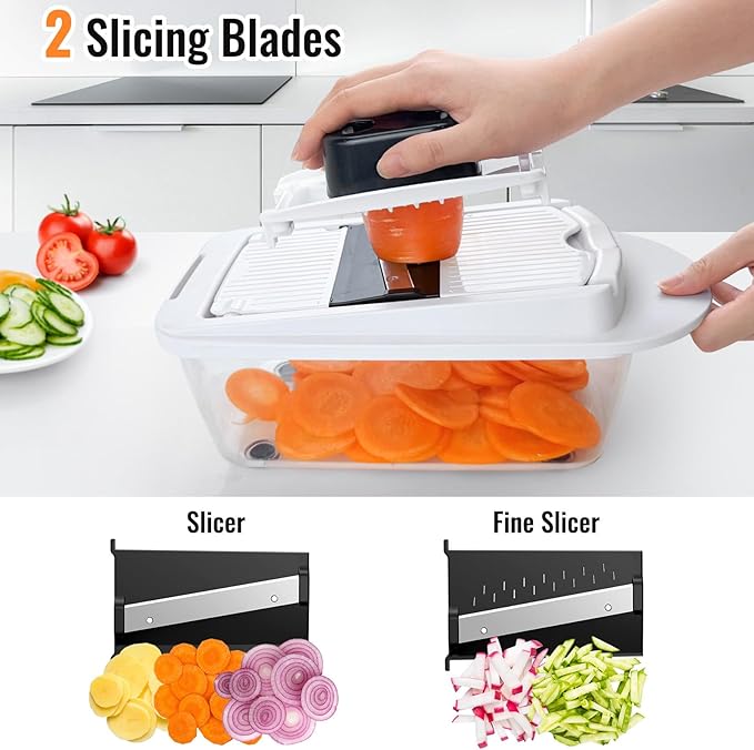8 Blade All-in-1 Vegetable Chopper Mandoline Slicer with Container, Food Chopper, Onion Chopper, Veggie Cutter for Salad, Kitchen Gadgets Accessories Essentials, White