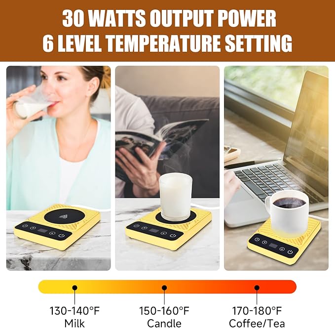 Mug Warmer - Electric Coffee Mug Warmer with Timer,Coffee Cup Warmer for Desk Auto Shut Off,Smart 6-Temperature Control, Coffee Accessories for Coffee Lovers, Yellow