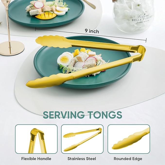 Gold Buffet Tongs 9'' Inches Serving Tongs Heavy Duty Stainless steel Kitchen and BBQ Utility Tong Pack of 12 (Gold, 9inch)