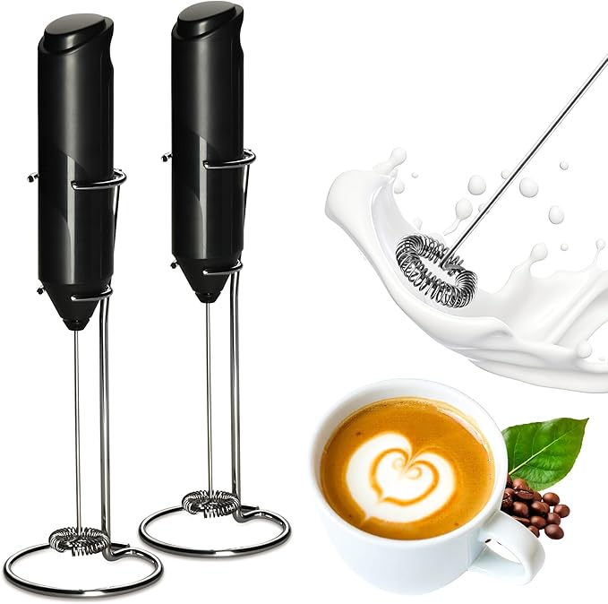YSSOA Electric Milk Frother Handheld with Stainless Steel Stand Battery Operated Whisk Drink Mixer for Coffee, Frappe, Matcha, Latte, Hot Chocolate, Mini Hand Blender, Black 2 Pack
