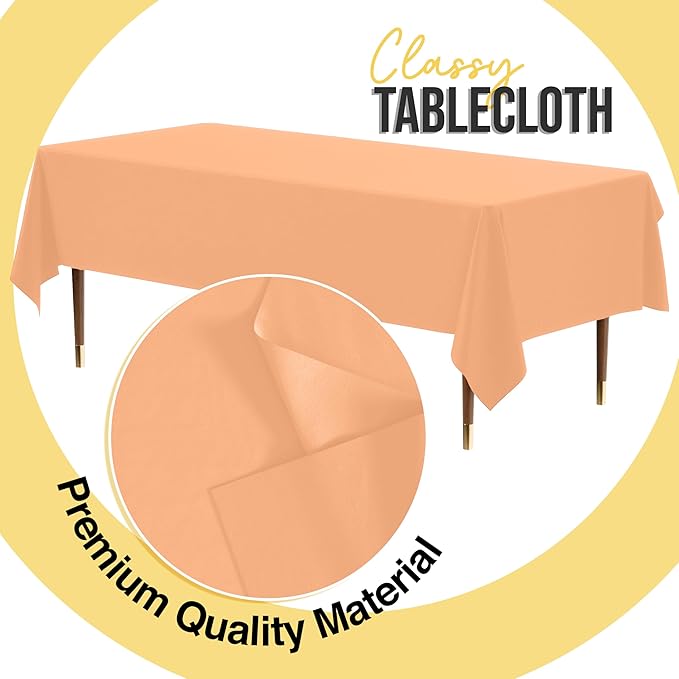Exquisite 66% Thicker Premium Plastic Table Cloth Rectangle Table Cover 0.5 Mil 6 Pack Peach Table Cloth 54 Inch x 108 Inch Disposable Tablecloth Won't Tear Easily Like Cheap Thin Brands