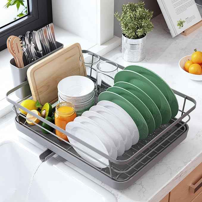 Kitsure Dish Drying Rack for Kitchen Counter, Stainless Steel Sink Organization and Storage Essentials with Cutlery Holder, Home and Appartment Decor, 12''W x 15.5''L, Grey