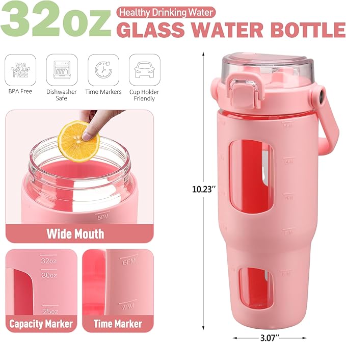 BLUEGO 32oz Glass Water Bottles with Straw Time Marker Half Gallon Large Motivational Water Bottle with Silicone Sleeve 2 Liter Large Glass Water Jug for Gym, Sports& Workout, Daily, Pink