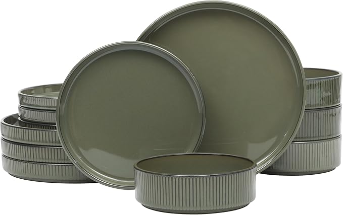 Gibson Elite 12 Piece (Service for 4) Townscape Plates and Bowls Reactive Glaze Embossed Round Dishes Terracotta Ceramic Dinnerware Set - Dark Green
