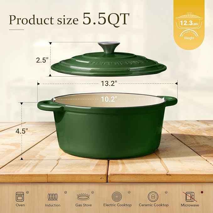 Overmont Enameled Cast Iron Dutch Oven - 5.5QT Pot with Lid Cookbook & Cotton Potholders - Heavy-Duty Cookware for Braising, Stews, Roasting, Bread Baking Glossy Green