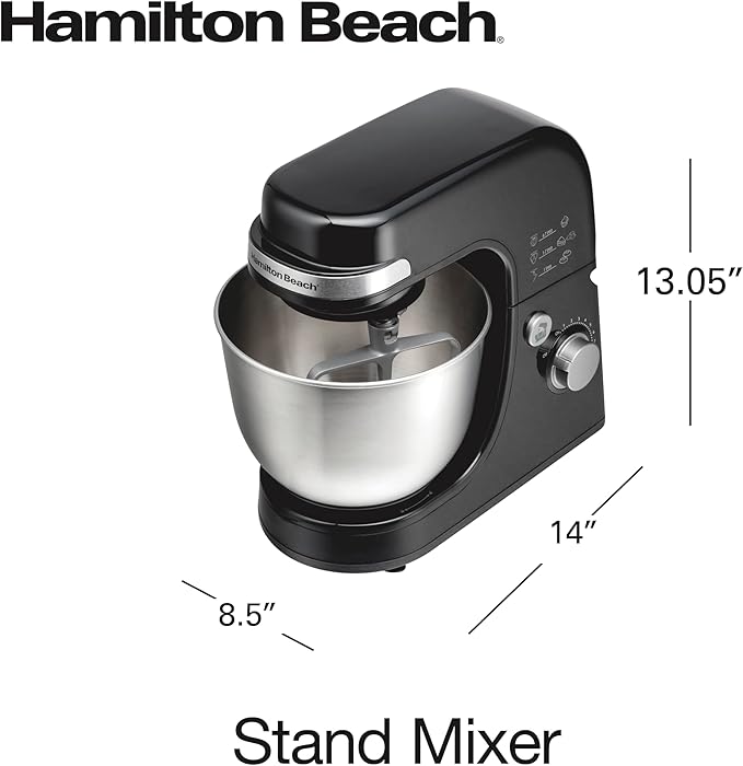 Hamilton Beach Electric Stand Mixer, 4 Quarts, Dough Hook, Flat Beater Attachments, Splash Guard 7 Speeds with Whisk, Black