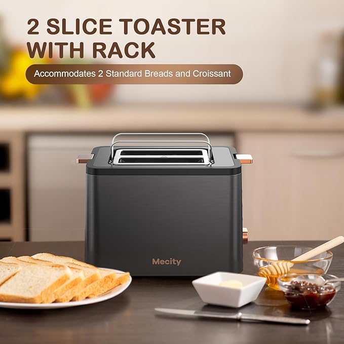 Mecity Toaster 2 Slice Stainless Steel Body Timer, Bagel/Defrost/Reheat/Cancel Functions,Warming Rack, Removable Tray, 6 Browning Settings, Extra Wide Slots, Bread Toaster, 120V 800W Grey