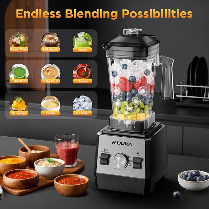 H-Duka Blender, Countertop Blenders for Kitchen with 64oz Pitcher, Powerful 25000 PRM Blender for Smoothies, Ice Crushing, Frozen Fruits, Milkshakes, Pulse Function, Self-Cleaning (Silver Black)