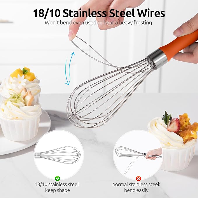 U-Taste Balloon Whisk for Cooking: 18/10 Stainless Steel Kitchen Wire Whisk, Medium Heavy Duty Egg Beater, Manual Baking Mixing Tool with 8 High Flex Wires for Stirring, Blending Sauce (Orange)