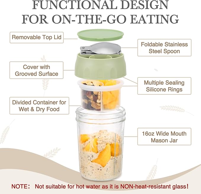 SOLIGT 2 Pack Overnight Oats Containers with Lids, Folding Spoons, and Divided Compartments for Fruit & Nuts, Small Glass 16oz Mason Jars for Oatmeal Yogurt Parfait (2 Set-Oat White/Organic Green)