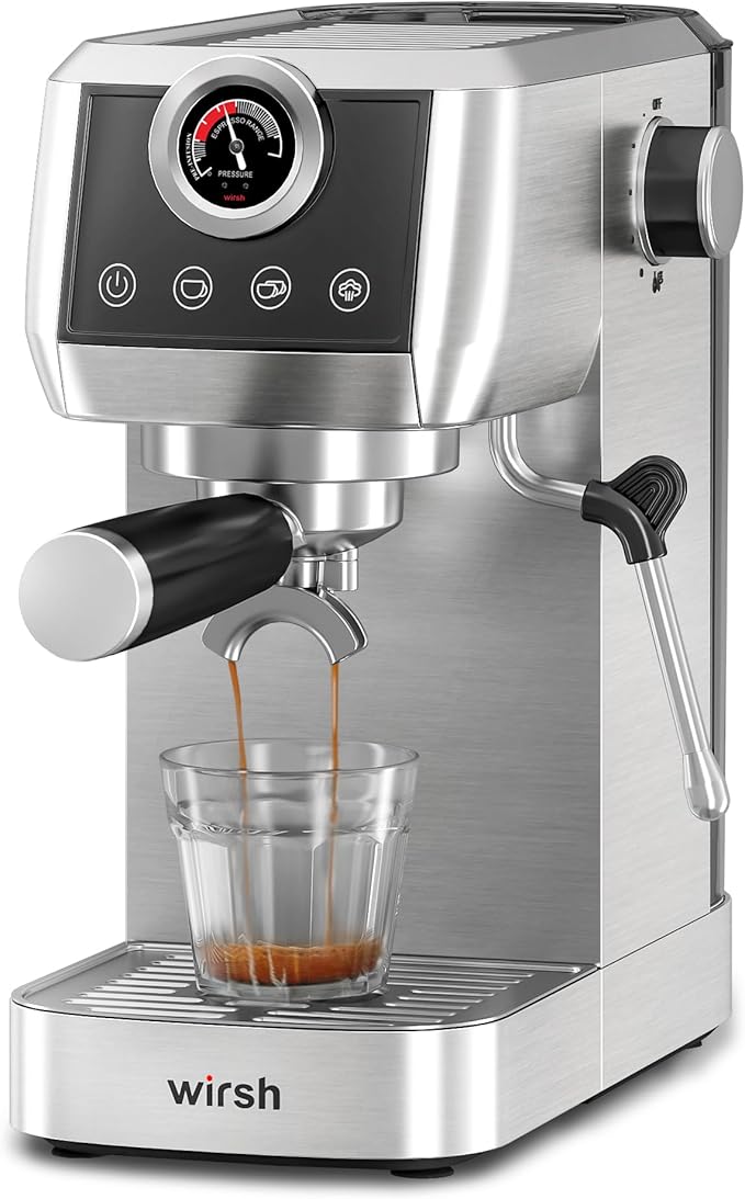 wirsh Espresso Machine, 20 Bar Semi-Automatic Espresso Maker with Pressure Gauge, Steam Wand, Stainless Steel Expresso Coffee Machine for Espresso/Latte/Cappuccino, Touch Screen,Home Barista Plus