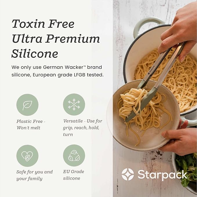 Starpack 'Get a Grip' Silicone Kitchen Tongs for Cooking 12 Inch - BBQ Silicone Tongs for Grill Heat Resistant to 600°F - Stainless Steel Utensils with Non Stick Rubber Tips for Serving Food