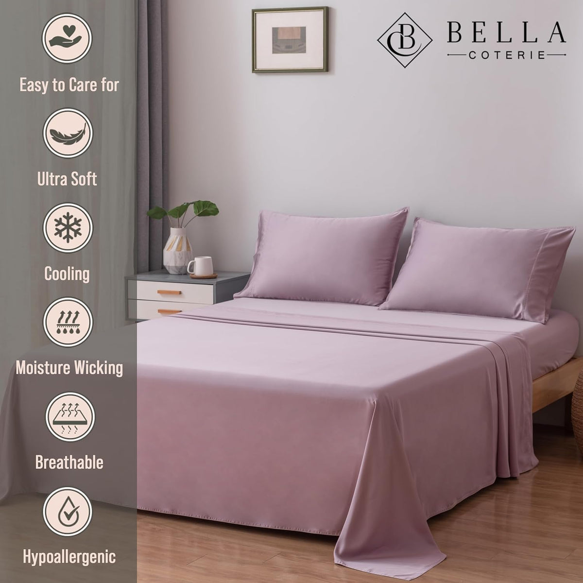 Bella Coterie Luxury Bamboo Viscose Queen Size Sheet Set | 100% Organically Grown | Ultra Soft | Cooling for Hot Sleepers | 18" Deep Pocket [Lilac]