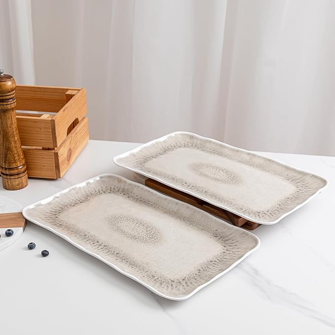 Vintage Melamine Serving Platters, Set of 2, 17'' x 10'' 100% Melamine And BPA Free Farmhouse Large Serving Trays. Warm Gray