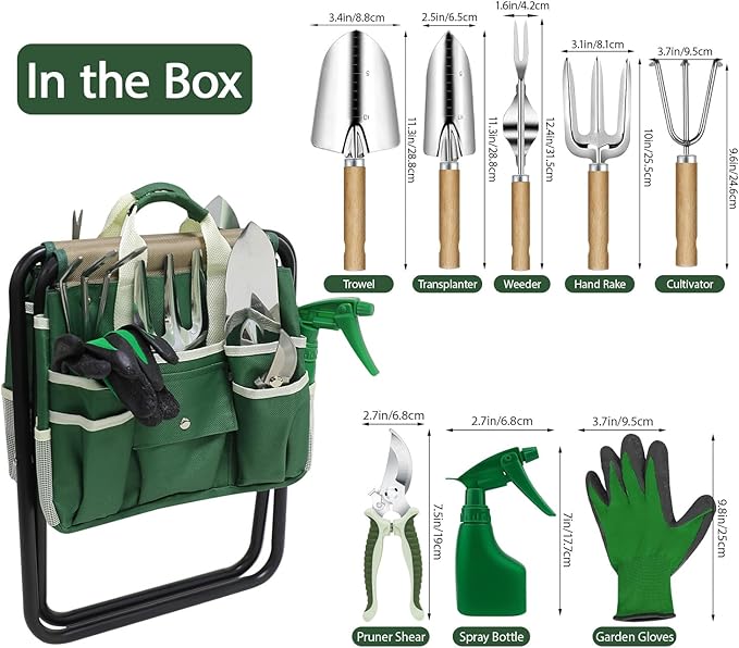 Garden Tool Set, 10 Piece Kit with Heavy Duty Folding Stool, Detachable Storage Tote Bag, Stainless Steel Tools, Gifts for Women Men Green