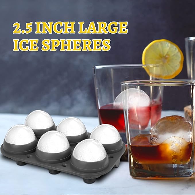 Samuelworld Premium Ice Tray Combo, Large Ice Sphere Maker & Giant Ice Cube Trays, 2 Packs, Food Grade, Durable Flexible Easy To Use, Spill-Free Integrated Funnels, Whiskey Bourbon Cocktails(Gray)