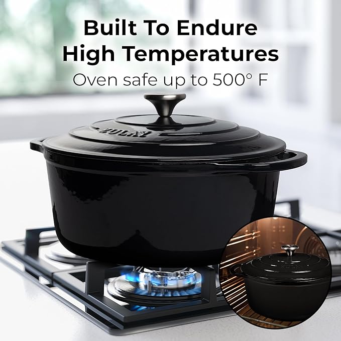 Zulay Kitchen 7.7 Quart Enameled Cast Iron Dutch Oven Pot with Lid – Premium Durability & Oven Safe up to 500°F – Heavy Duty Cookware Perfect for Bread Baking, Stews, Braising & Roasting – Black