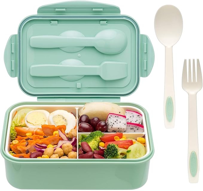 Bento Boxes for Adults - 1100 ML Bento Lunch Box For Kids Childrens With Spoon & Fork - Durable Perfect Size for On-the-Go Meal, BPA-Free and Food-Safe Materials(Green)
