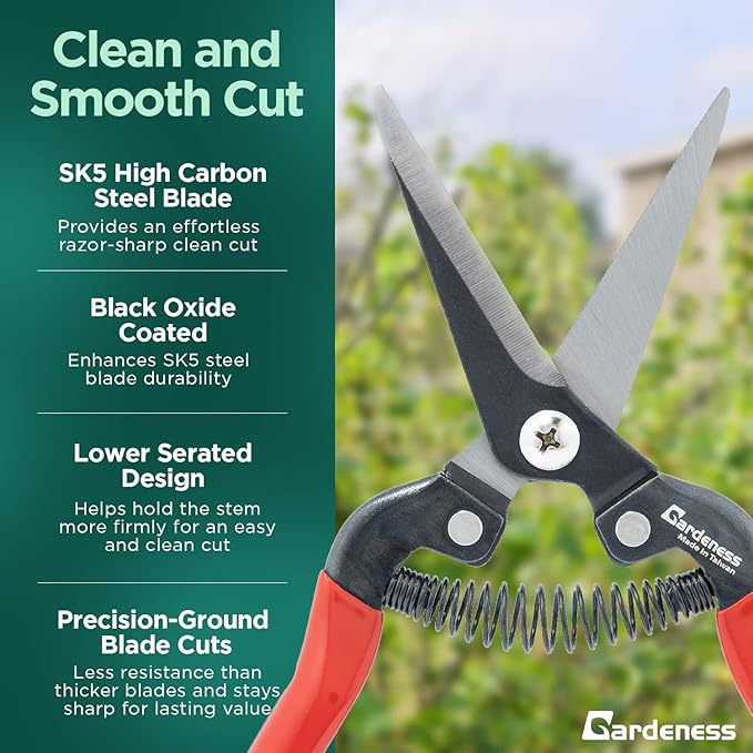 Gardeness 12 PCS Straight SK5 Steel Pruning Shear Garden Scissor Flower Leaf Trimmer Floral Fruits Picking Ultra Sharp Gardening Snips Bonsai Cutter Durable Effort-saving Clippers, Hand Pruners