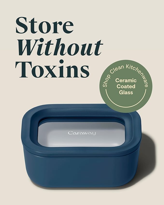 Caraway 2pc Glass Food Storage Set - 2.6 Cup Food Containers (2) - Non-Toxic Ceramic-Coated Glass - Air Release Technology - Compact & Stackable Design - Navy