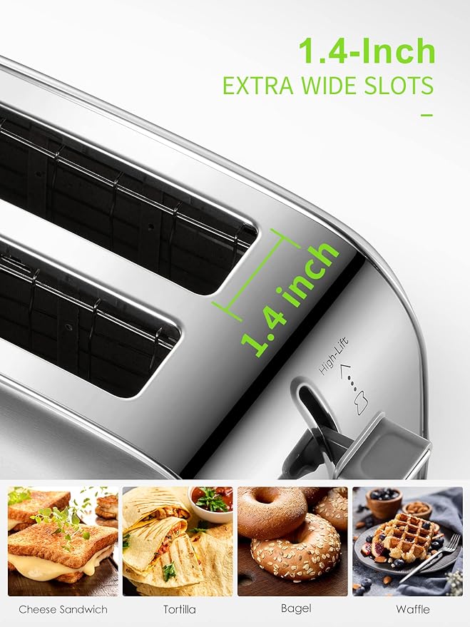 Yabano Retro Bagel Toaster - 2 Slice, 2 Extra Wide Slots, 7 Shade Settings, Defrost/Bagel/Cancel, Removable Crumb Tray, Stainless Steel, Silver