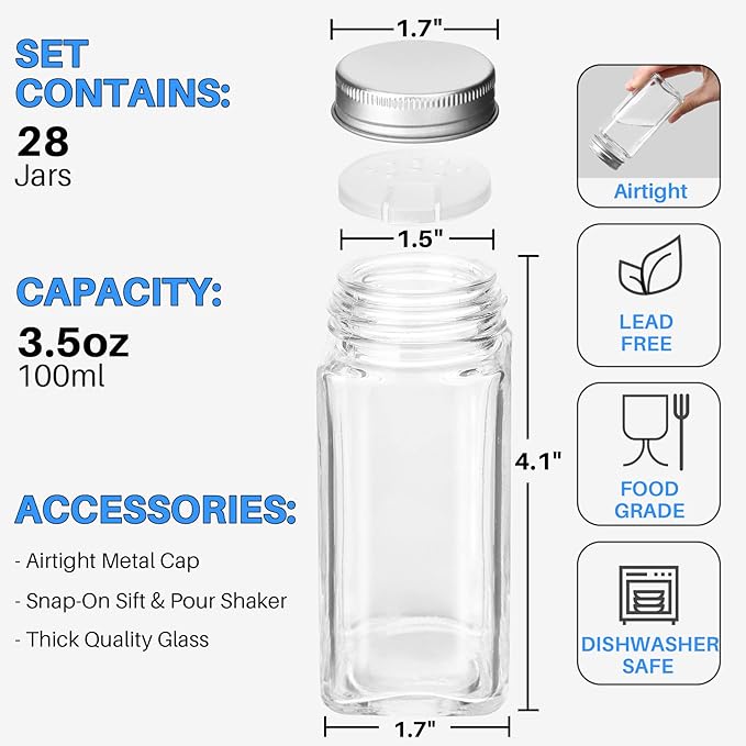 Antimbee 28 Pcs Clear Glass Spice Jars,3.5 oz Glass spice jar with 324 labels, Funnel,Chalk Pen,Shaker Lids and Airtight Metal Caps, Empty Square Spice Bottles for Spice Rack, Cabinet, Drawer