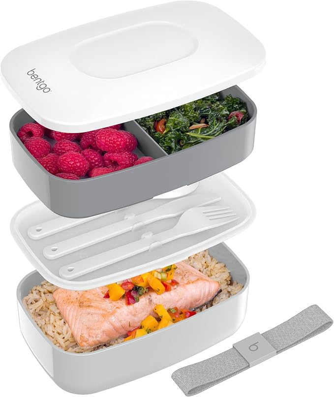 Bentgo Classic - Adult Bento Box, Stackable 3-Compartment Lunch Box with Removable Utensil Set and Sealing Strap, BPA-Free, Food Container Ideal for Meal Prep, Work, and On the Go (Gray)