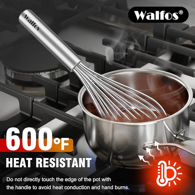 Walfos Whisk,304 Stainless Steel whisk,No-Rust 7+9+11inch Whisks for cooking Nice for Blending,Whisking,Beating.Heat resistant 600°F Dishwasher Safe. Heavy duty kitchen whisk.17.7+22.8+27.9cm -SILVER