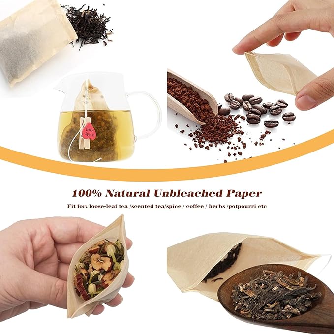 NEPAK 200Pcs Tea Filter Bags for Loose Tea,3.15 x 3.94 inch Disposable Tea Infuser,Empty Tea Bags with Drawstring,Natural Wood Pulp Material
