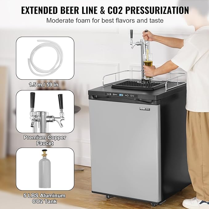 VEVOR Beer Kegerator, Dual Tap Draft Beer Dispenser, Full Size Keg Refrigerator With Shelf, CO2 Tank(No Gas), Drip Tray & Rail, 23°F- 82.4°F Temperature Control, 162L, Silver