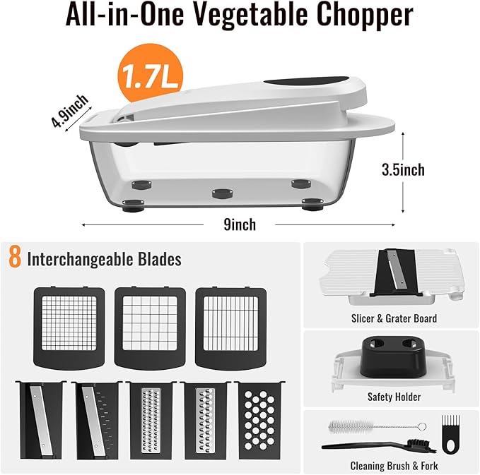 8 Blade All-in-1 Vegetable Chopper Mandoline Slicer with Container, Food Chopper, Onion Chopper, Veggie Cutter for Salad, Kitchen Gadgets Accessories Essentials, White