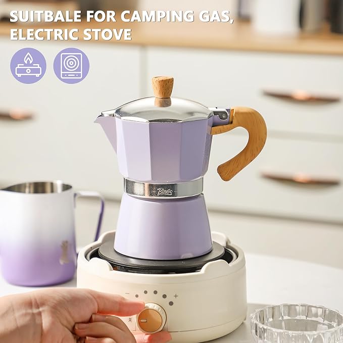 Bincoo Cute Espresso Maker Stovetop - Small Moka Pot 2 Espresso Cups/120ML,Espresso Pot Italian Coffee Maker for Home Camping Cafe Office (Purple)