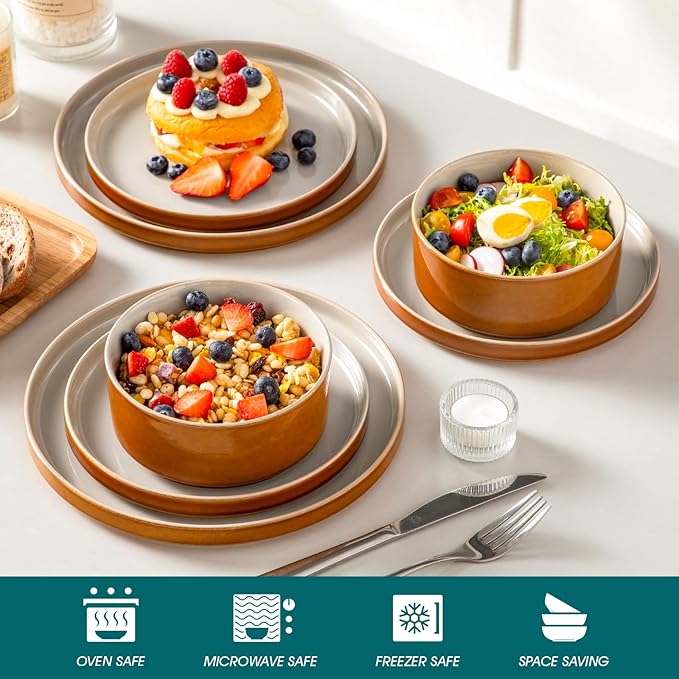 vancasso ONION Ceramic Plates and Bowls Sets, 12 Pieces Grey Dinnerware Sets for Kitchen, Reactive Glaze Dishes Set for 4, Dishwasher and Microwave Safe