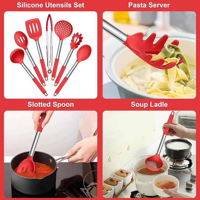 E-far Silicone Cooking Utensils Set, 7 Pcs Heat Resistant Kitchen Utensils with Stainless Steel Handle, Slotted Turner, Spoon, Soup Ladle, Pasta Server, Skimmer, Tongs for Nonstick Cookware, Red