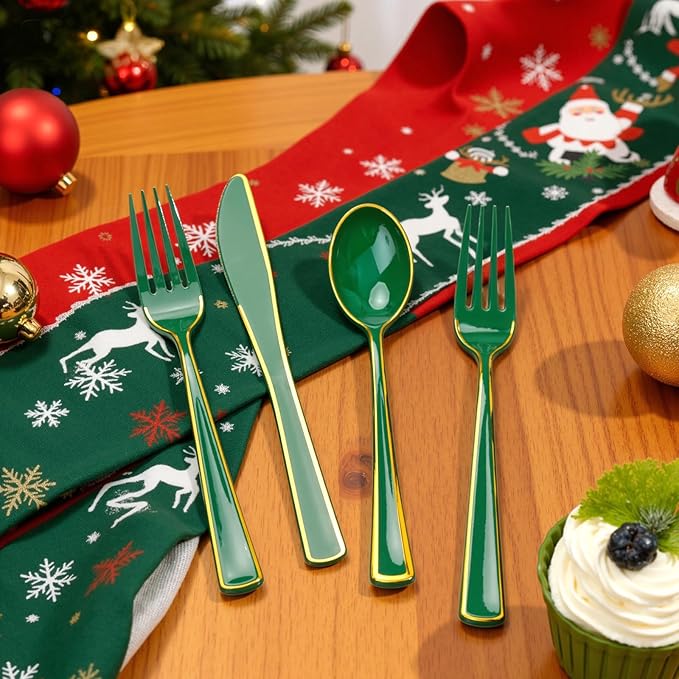 WDF 180PCS Green Plastic Silverware - Green Utensils 60 Forks, 60 Knives and 60 Spoons - Heavy Duty Christmas Plastic Cutlery for Party Supplies/Christmas