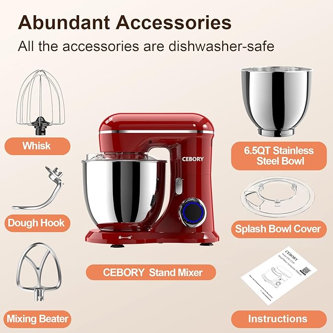 CEBORY 3-IN-1 Electric Stand Mixer, 6.5QT Bowl 660W 10-Speed Kitchen Mixer, Household Food Mixers include Dough Hook, Beater and Whisk, Bread Cake Mixer for Baking and Most Home Cooks, Red