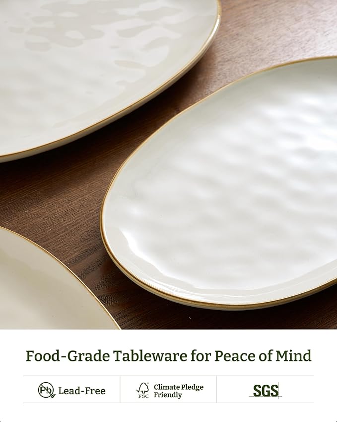 famiware Serving Platter, Oval 15.59/14.3/12.9inch Serving Dishes for Entertaining, Serving Bowls, Microwave Safe, Stoneware Serving Trays for Party, Food, Turkey, Cheese, Ocean Series, Vanilla White