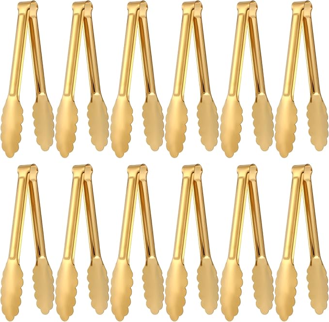 12 Pack Stainless Steel Buffet Tong Gold Serving Tongs 9 Inch Buffet Utensils Heavy Duty Durable Clamps Metal Kitchen Clip for Salad Steak Wedding Party Banquet Gathering