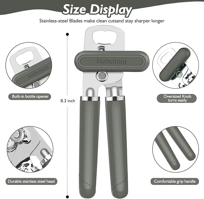 10 Colors Can Opener Manual Handheld Heavy Duty Hand Can Opener Smooth Edge Stainless Steel Can Openers Top Lid Kitchen Gadgets, Best Large Rated Easy Turn Knob, with Bottle Opener, Gray