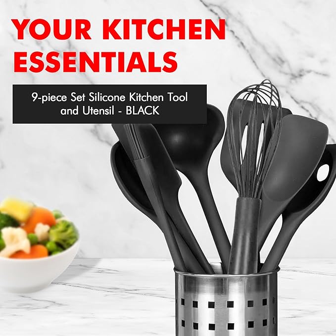 Chef Craft - Premium Silicone Kitchen Tools and Utensils Set, Non-Scratch, Withstands Temperatures up to 450°F, BPA-Free, 9 Piece Cooking Utensils Set, Black