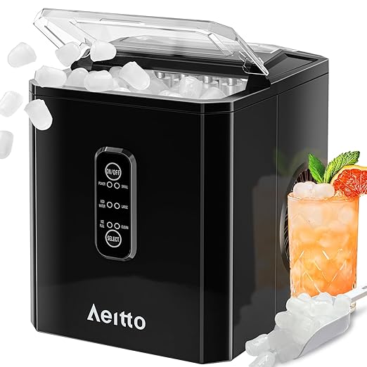 Aeitto Ice Makers Countertop, 9 Ice Cubes Release in 6 Mins, 26Lbs/24H, 2 Sizes of Bullet Ice Machine,Self-Cleaning Portable Ice Maker with Ice Scoop and Basket for Home Kitchen Office RV Bar, Black