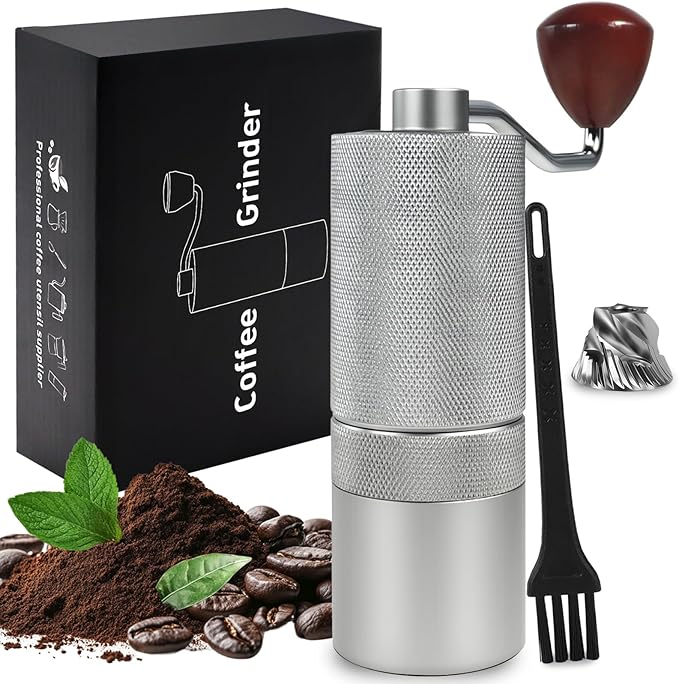 Manual Coffee Grinder Gift Box Detachable Stainless Steel Conical Burr Aluminum Coffee Bean Grinder with 25 Grinding Settings Cleaning Brush Grindable Espresso Moka Pot for Camping Silver