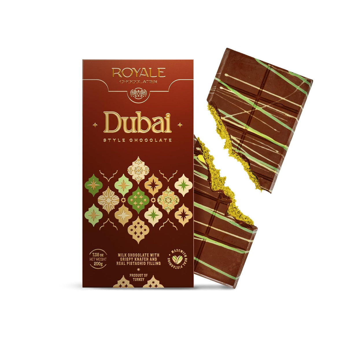 Royale Chocolatier Large Dubai Chocolate Bar (200 gr)|Grade-A Pistachio and Knafeh | Gooey Filling | Coverture Cocoa Butter | White Chocolate Drizzle | No Preservatives or Artificial Coloring