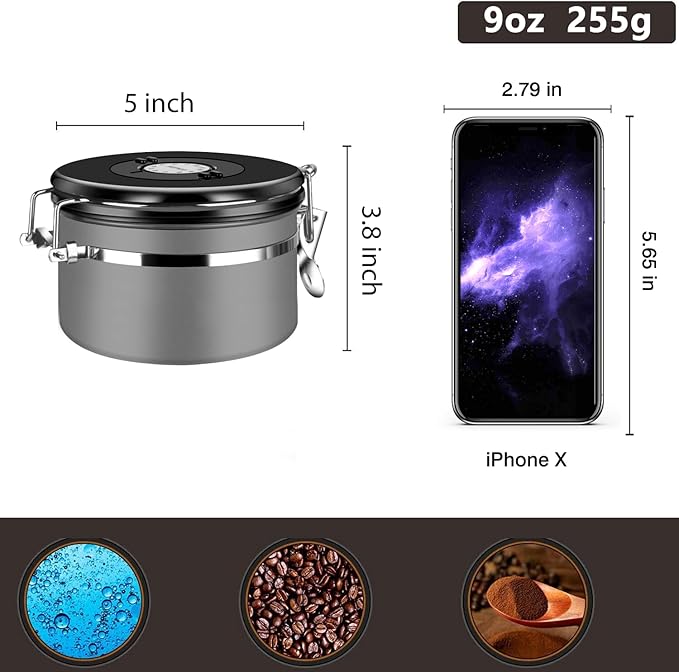 Coffee Canister, Airtight Coffee Container with Date Tracker Lid, Stainless Steel Canister for Kitchen Food Storage (Gary, 9oz)