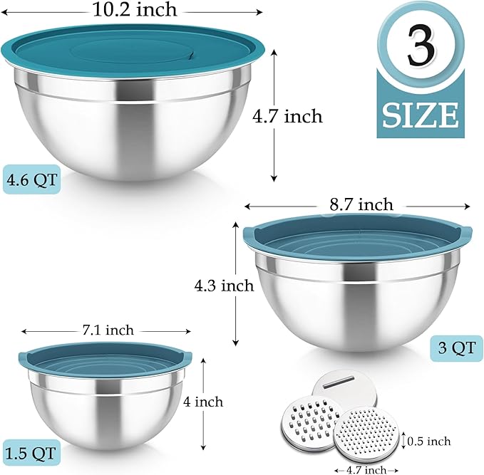TeamFar Mixing Bowls, Stainless Steel Nesting Salad Bowls with Lids Set of 3 & 3 Grater Attachments, For Mixing/Serving/Storing, Non-toxic & Long-lasting, Size 4.6/3 / 1.5 QT, Navy Blue